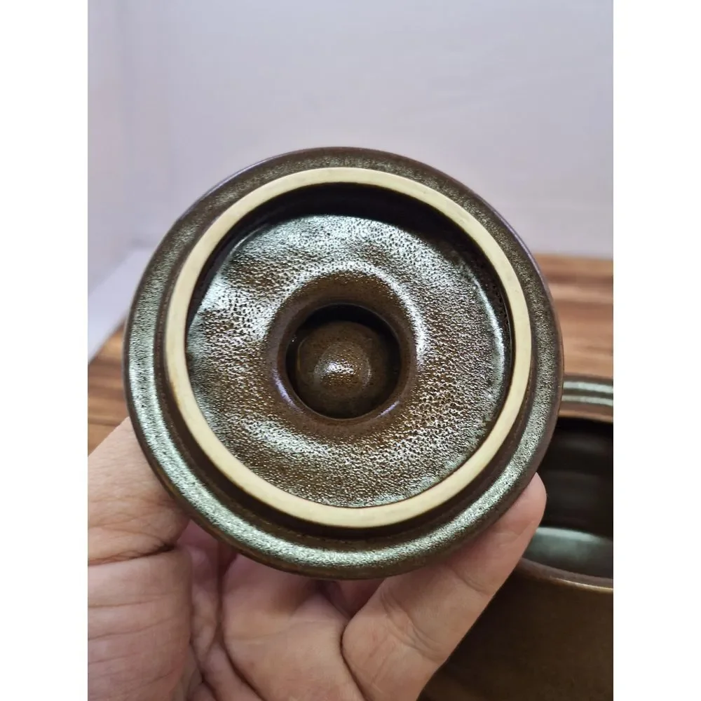 Vintage Three Tone Brown Stoneware‎ Covered Sugar and Creamer Set